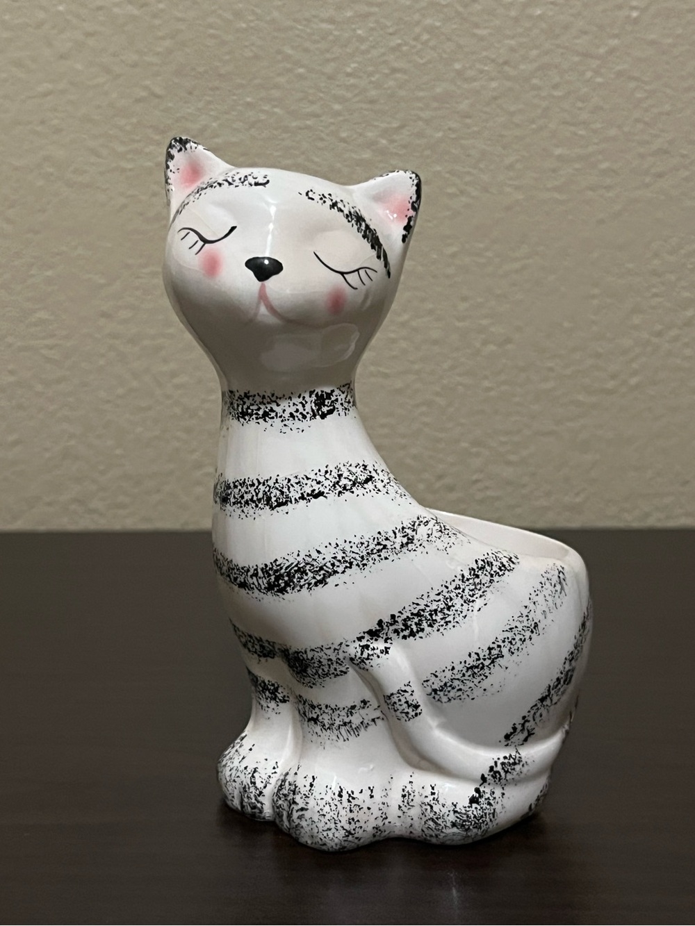 Ceramic Striped Smitten Kitten with Lashes-planter or trinket holder